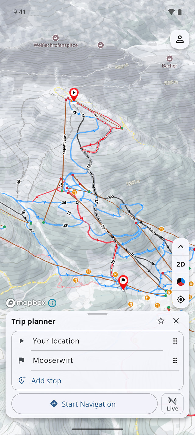 Skigator showing a planned route on the 3D map of Ski Arlberg