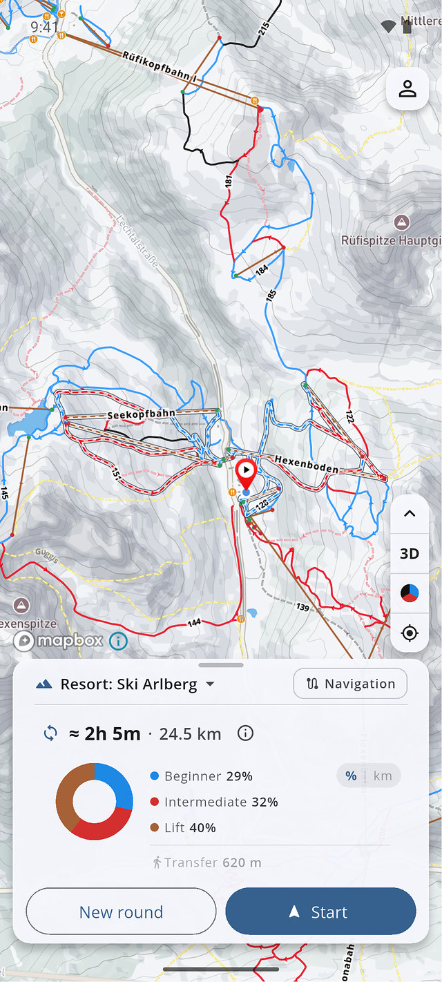 A ski loop drawn on the map with its duration