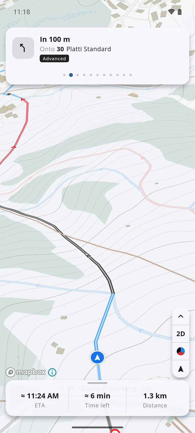 Turn-by-turn navigation in 3D with the next instruction and your position on the route