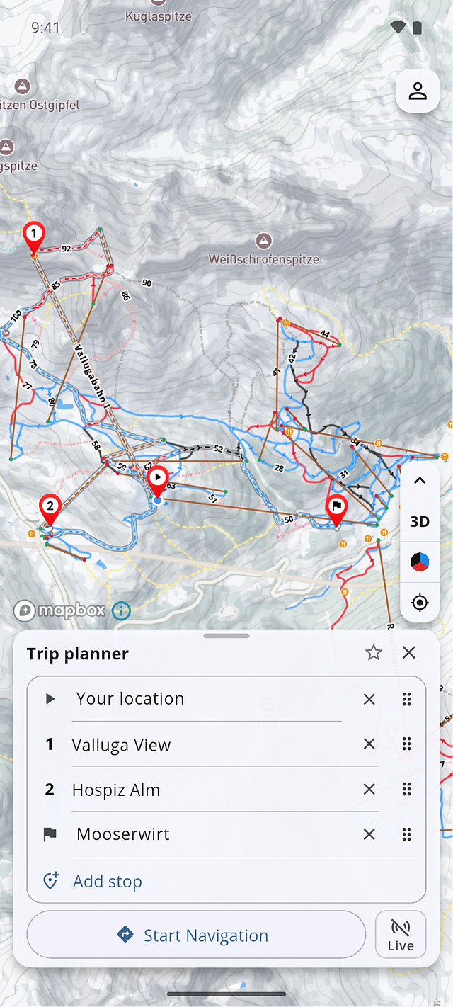 The trip planner with a start, two stops and a destination